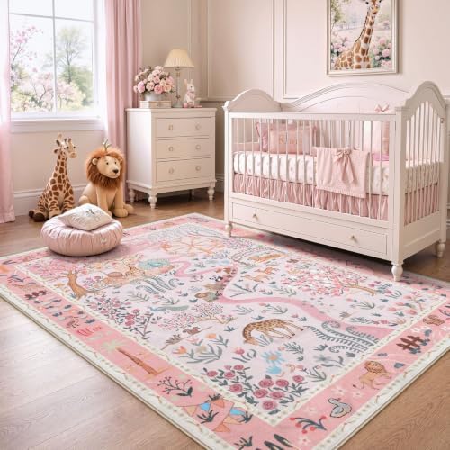 Tribesigns Washable Zoo Floral 5x7 Pink Area Rug for Girls Bedroom, Soft Cute Nursery Kids Room Rug, Non-Slip Low Pile Indoor Animal Print Carpet Rugs for Kids Playroom Living Room, Pink/5x7 by Tribesigns