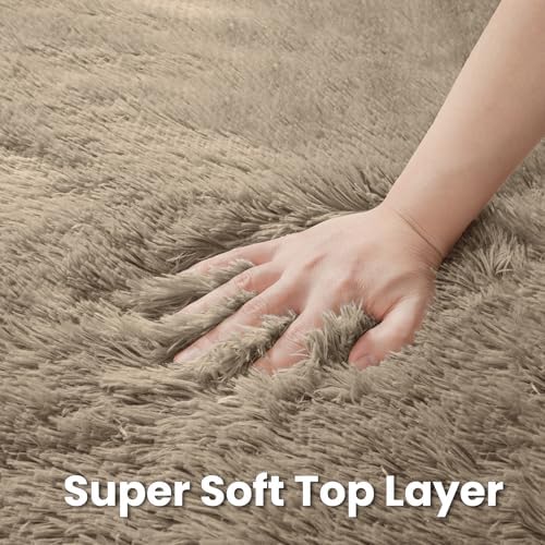 Grey Camel Round Fluffy Rug 5ft Plush Fuzzy Shaggy Carpet - Image 6