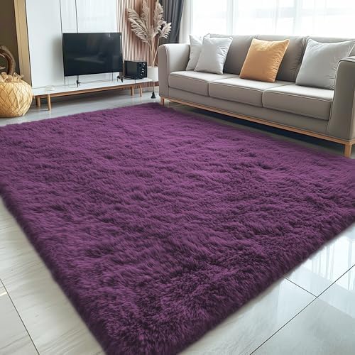 OLANLY 5x7 Machine Washable Large Area Rugs for Living Room, Bedroom, Soft Fluffy Shaggy Bedside Rug, Indoor Floor Carpet for Kids Girls and Boys, Dorms, Nursery, Home Decor Aesthetic, Dark Purple - Image 3