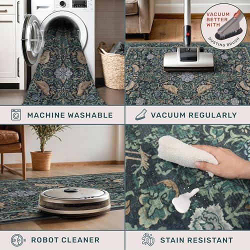 Washable 2x8 Extra Long Runners for Large Kitchen - Blue and Green Long Runner Rugs for Hallway Rugs for Entryway, Vintage Bird Low Pile Kitchen Floor Mats, Nature Leaf & Non-Slip - Image 4