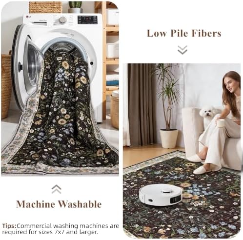 5x5 Living Room Area Rug Washable: Floral Non-Slip Mats for Indoor Floor Entryway Dining Room Bedroom - Soft Thin Carpet for Vintage Neutral Home Decor (5ft Square, Brown) - Image 7