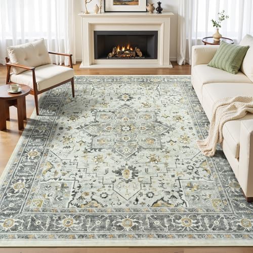 5x7 Washable Living Room Rugs, Modern Vintage Boho Area Rug Taupe by Vibrug