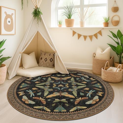 Black Boho 5ft Round Throw Rugs for Living Room - Dark Unique Insect Print Large Entryway Rug, Low Pile & Soft Carpet for Bedroom Beside Bed, Kids Playroom, Non Slip Stain Resistant Home Décor - Image 3