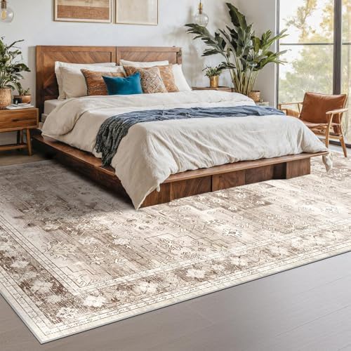 Boho 7x9 Area Rug for Living Room - Washable Beige Dining Room Rug Under the Table, Low Pile Non-Slip Rugs for Bedroom, Office - Charming Geometric Decor & Stain Resistance (7x9 Beige/Latte) - Image 3