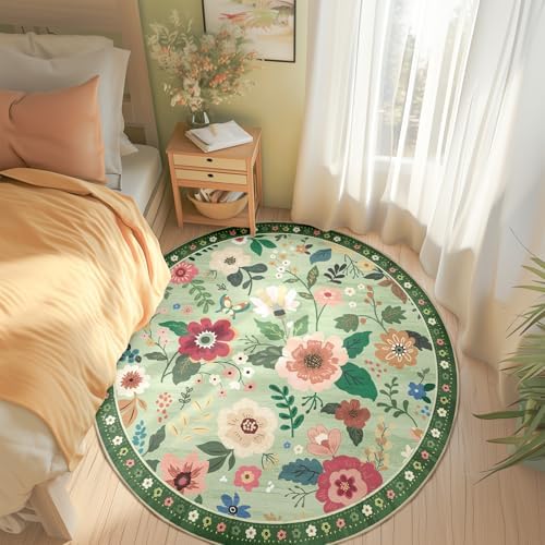 RELEANY Floral Washable Round 4ft Area Rug LightGreen - Image 6