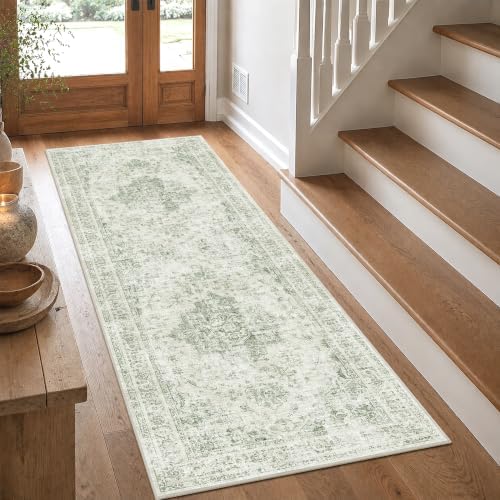 2x6 Washable Kitchen Runner Rug Non-Slip Medallion Green Throw Carpet by HOME