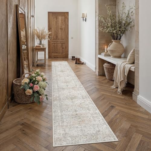 2'6x14 Washable Runner Rug Beige Grey Non Slip Vintage Carpet - Image 2