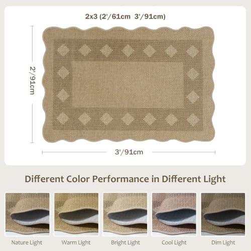 LIVEBOX Scalloped Easy Jute 2x3 Outdoor Rug, Front Door Mat Indoor Outdoor Entryway Rug, Small Washable Non Slip Kitchen Rugs, Tan Diamond Farmhouse Carpet Doormat for Porch Bathroom Doorway Foyer - Image 2