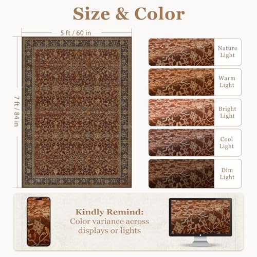 5x7 Area Rugs, Vintage Old Money Aesthetic Maximalist Print Rugs for Living Room Bedroom, Washable Non Slip Ultra Thin Carpet Rug for Dining Room Home Office, Deep Burnt Orange - Image 2