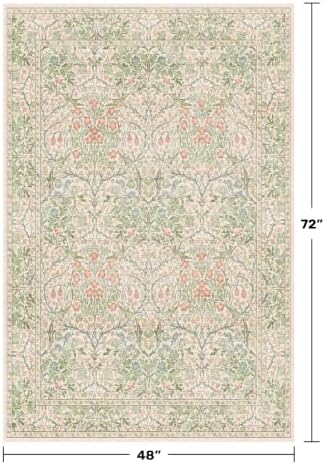 Beige Green 4x6 Washable Area Rug for Living Room, Large Entryway, Nursery, Bedroom, Kitchen, Ultra Soft Non Slip Stain Resistance, Floral Distressed Aethestic Design - Image 2