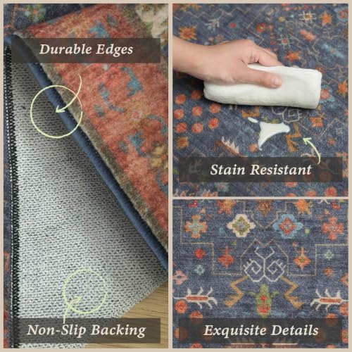 JTJ Boho Kitchen Rug Set of 3, Washable Non-Slip Mats, Navy Blue - Image 4