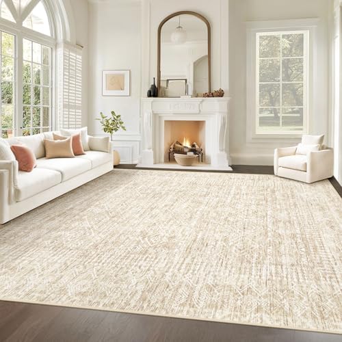 10x12 Area Rugs for Living Room: Washable Moroccan Geometric Boho Rug Farmhouse Non Slip Stain Resistant Large Rug Low Pile Soft Carpet for Bedroom Dining Room Children Room (Beige,10'x12') by VECARF