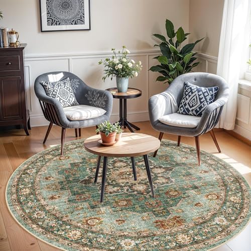 3ft Washable Round Area Rug: Small Thin Oriental Area Rug for Living Room - Image 2