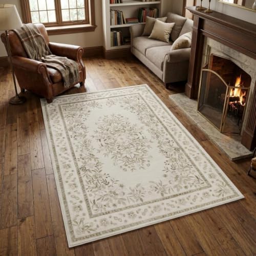 GarveeHome 3x5 Beige Rug for Laundry Room Vintage Flower Leaf Carpets by GarveeHome