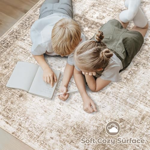 Area Rug 8x10 Washable Rug, Vintage Boho Medallion Rugs Non-Slip Soft Low Pile Large Distressed Rug Indoor Retro Carpet for Living Room Bedroom Dining Room Home Office (Brown, 8'x10') - Image 4