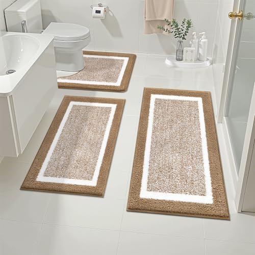 Pauwer 3 Piece Bathroom Rug Set, Non Slip Washable Bath Mat, Khaki by Pauwer