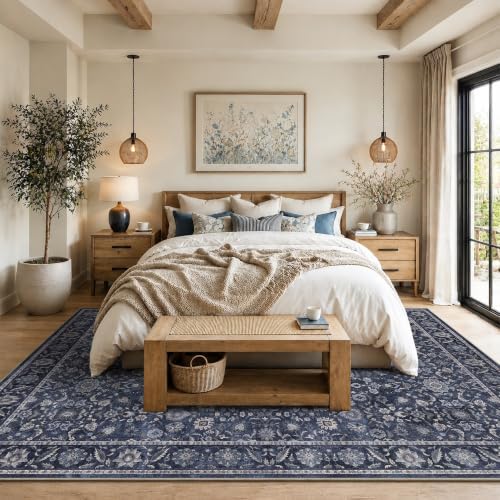 Washable 9x12 Living Room Soft Area Rug Retro Denim Blue Large Carpet - Image 4