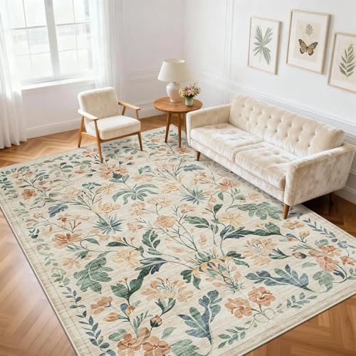6x9 Area Rugs Boho Floral Washable Living Room Rug Neutral Carpet Nursery by Yidanamy