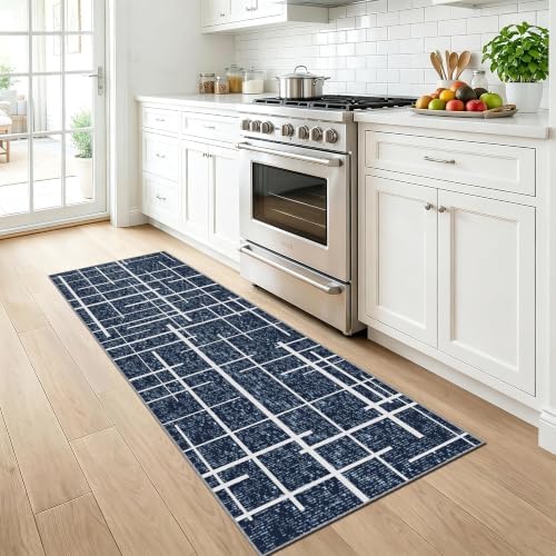 Blue 2x6 Runner Rug Non Slip, Modern Distressed Stripe Carpet Runners for Hallway 6ft, Low Pile Stain Resistant for Entryway Laundry, Washable & Easy to Clean Carpet - Image 2