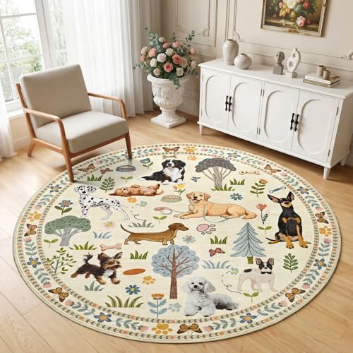 ST. BRIDGE 4ft Beige Round Area Rug, Washable Boho Animal Dog Non-Slip Circle Rug, Soft Thin Stain-Resistant Low-Pile Carpet for Entryway Kitchen Living Room Bedroom Nursery Kids Playroom - Image 2