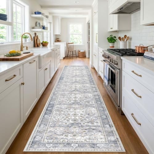 KUTA Vintage Washable Runner Rug 3x14 Hallway Runners Grey Blue - Image 3