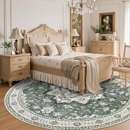Round Area Rug for Living Room: 8ft Boho Washable Rug Green Ivory - Image 4