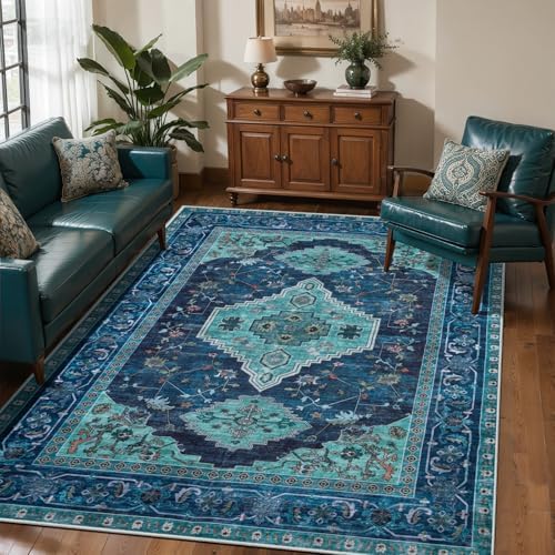 Tangsoo Teal 4x6 Washable Area Rug, Oriental Non Slip Indoor Accent Rugs by Tangsoo