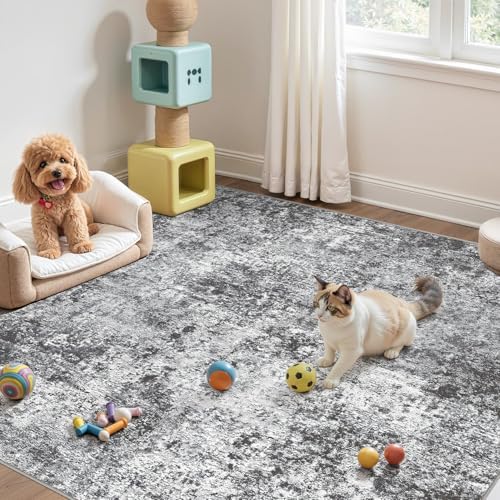 DMOYEST Square Area Rug Living Room Rugs - 8x8 Washable Large Soft Indoor Neutral Modern Abstract Low Pile Rug Carpet for Bedroom Dining Room Farmhouse Home Office - Grey - Image 4