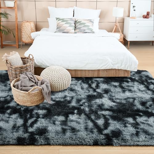 Noahas 4x6 Tie-Dyed Black and Grey Fluffy Area Rug Non-Slip for Bedroom - Image 3