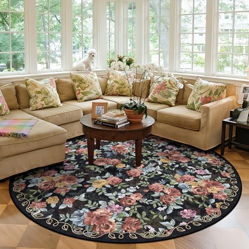 Washable 6ft Round Area Rug, Navy Boho Floral Non-Slip for Living Room by GERUIMO