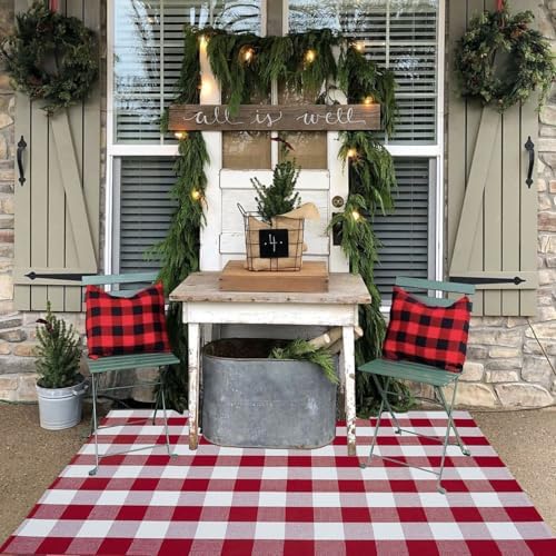 Buffalo Plaid Outdoor Rug, 4' x 6' Red&White Christmas Check Indoor/Outdoor Area Rug, Layering Rug for Hello/Welcome Door Mat, Machine Washable Cotton Woven Rug for Farmhouse Front Porch, Entryway by BOTTA