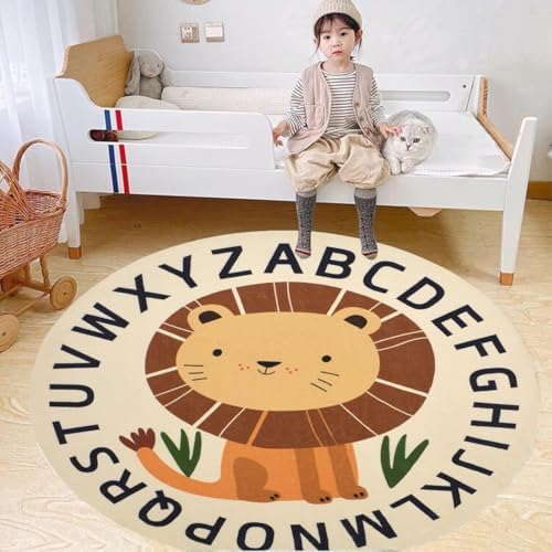 Kid Rugs Animal Play Rug 39.4" Round Lion Play Mat Soft Alphabet Educational Area Rug Nonslip Circle Baby Crawling Mat for Boys Girls Carpet for Kids Playroom Nursery - Image 3