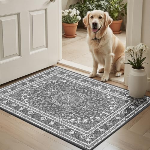 Lessymo 2 x 3 Entryway Rug, Machine Washable Boho Indoor Mat, Grey White - Image 2