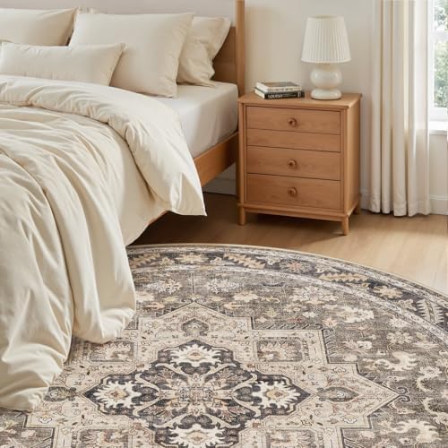 cotiled 5ft Round Living Room Area Rug, Washable, Traditional, Brown - Image 5