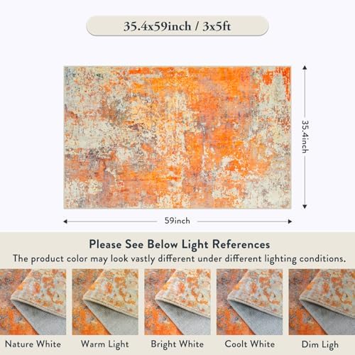 Lahome Modern Abstract Area Rug - Soft 3x5 Rugs for Bedroom Washable Living Room Entryway Rug, Contemporary Non Slip Indoor Accent Carpet for Nursery Office Kitchen Bathroom, Orange/Yellow - Image 2