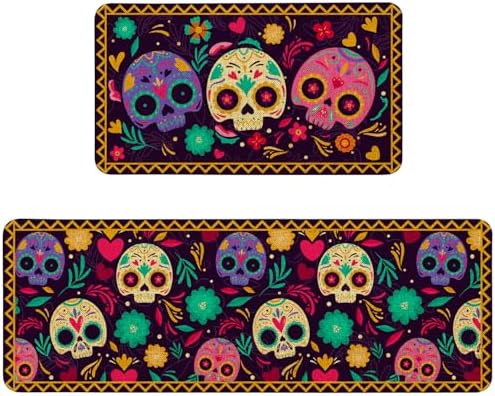Mexican Skulls Kitchen Mat Set of 2, Halloween Kitchen Rugs Colorful Sugar Skull Calavera Day of The Dead Kitchen Rug Decor Home Decorations, Día de Los Muertos Floor Mat by Unknown