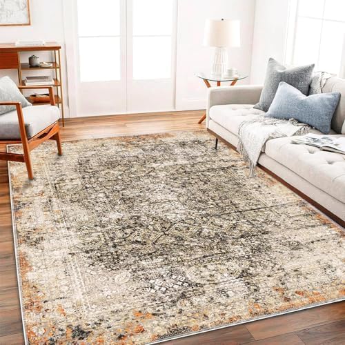 CHAMPLANT 5'x7' Washable Area Rug Vintage Traditional Floor Cover Foldable Thin Kitchen Accent Indoor Distressed Non Slip Carpet Floral Print Mat for Bedroom Living Room Bathroom by CHAMPLANT