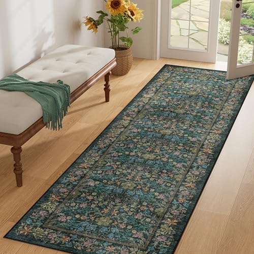 DUKINO 2.6x8 Runner Rug, Washable Vintage Floral Kitchen Rug, Blue - Image 3