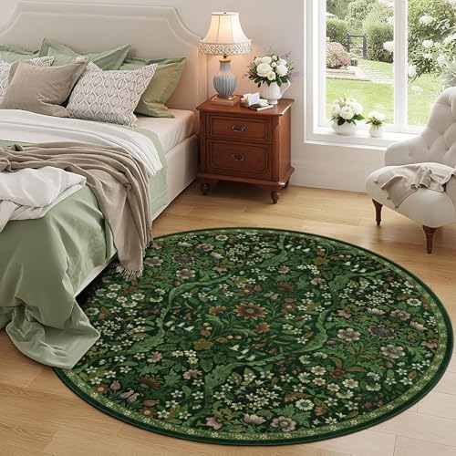 Round Rug 6ft Floral Circle Rug Green Botanical Indoor Area Rug - Image 2