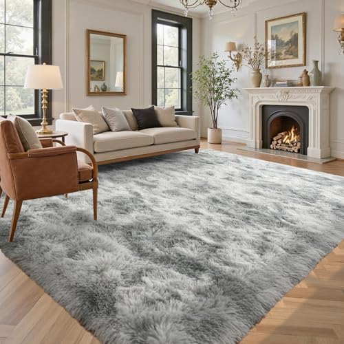 9x12 ft Rug for Living Room Fluffy Grey White Shag Rug Non-Slip Area Rugs Carpet for Bedroom Nursery Kids PlayRoom Dorm Office Indoor Modern Plush Carpets by Lo%CC%80utiRootHome