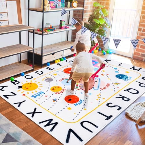 ABC Space Kids Rug,3'3" x 4'11" Non-Slip Solar System Alphabet Rugs, Washable Rug, Soft Plush Educational Large Rug for Classroom playroom Bedroom Kids Room Decor(for Age 2+) - Image 4