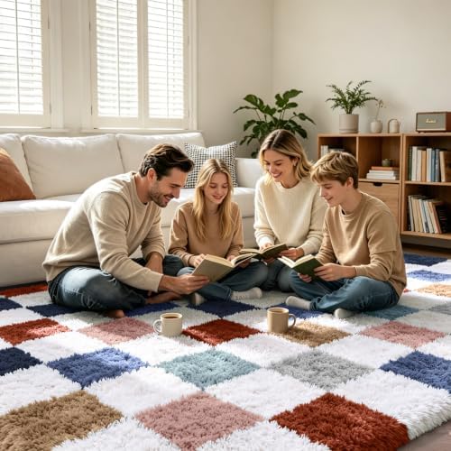 Large Shag Area Rug for Bedroom Living Room,9x12 Fluffy Soft Colorful Checkered Rug Fuzzy Shaggy Bedroom Carpet,Indoor Plush Floor Rugs for Teen Dorm Home Decor - Image 5