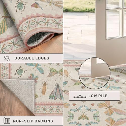 Hazo Haus Washable 5x8 Light Pink Rug for Bedroom - Pink Boho Girl Nursery Rug, Living Room, Nature Insect Bug Print Home Decor - Image 5