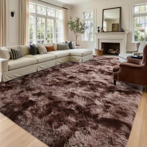 8x10 Extra Large Tie-Dyed Brown Fluffy Area Rug Non-Slip for Living Room - Image 2
