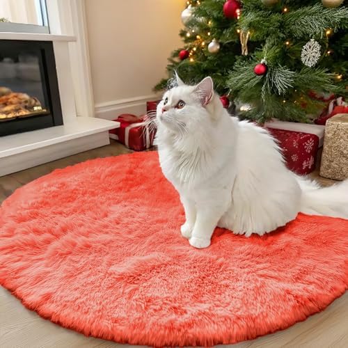 OLANLY Coral Red Round Rugs for Bedroom - Machine Washable, 3 ft Circle Area Rugs for Living Room, Soft and Fluffy Shaggy Carpet for Teen Girl and Boys, Nursery Rooms, Dorms, Home Decor Aesthetic by OLANLY