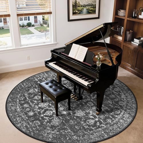 8ft Round Washable Living Room Rug Non-Slip Retro Black Throw Carpet - Image 4