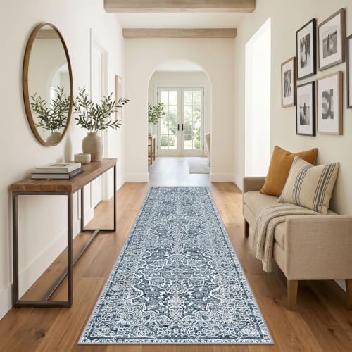 KUTA Vintage Washable Runner Rug 3x12 Wide Hallway Kitchen Rugs Blue White - Image 3