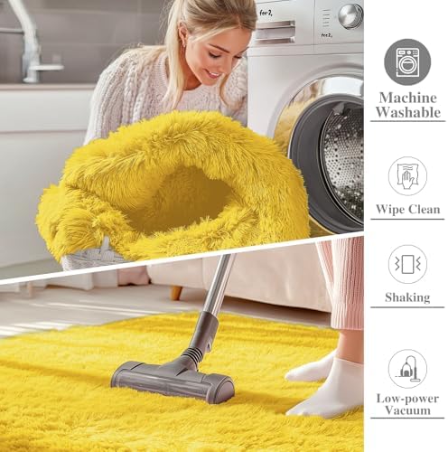 OLANLY 3x5 Machine Washable Small Bedside Rug, Soft Fluffy Shaggy Rugs for Living Room, Bedroom, Indoor Floor Carpet for Kids Girls and Boys, Preppy Dorms, Nursery, Home Decor Aesthetic, Yellow - Image 2