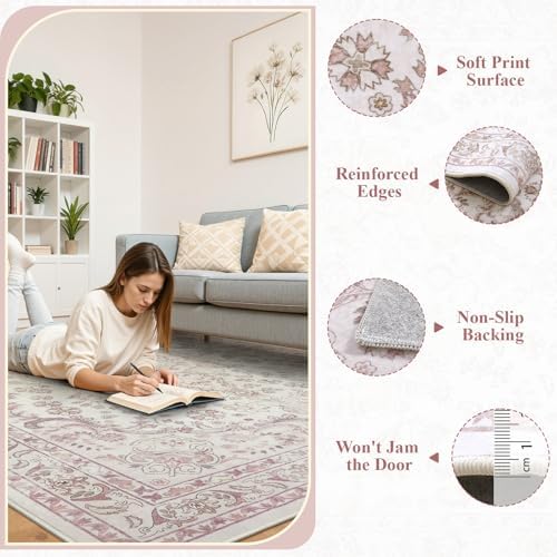 Wonnitar Floral Washable 8x10 Rug, Pink Area Rug for Bedroom Girls, Soft Non Slip Ultra-Thin Large Boho Vintage Home Decor Carpet for Living Room Nursery Dining Room Girl Room - Image 5