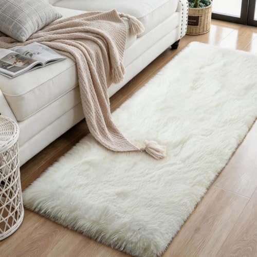 KCHOWUA Cream White Thick Fluffy Area Rug 2x6, 2 Pcs Washable Fuzzy - Image 2